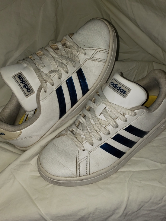 adidas Shoes - adidas White Low-Top Sneakers with Navy Three Stripes